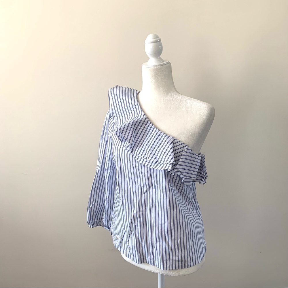 NWT - J. Crew Blue and White Striped One-Shoulder Blouse - Size 8